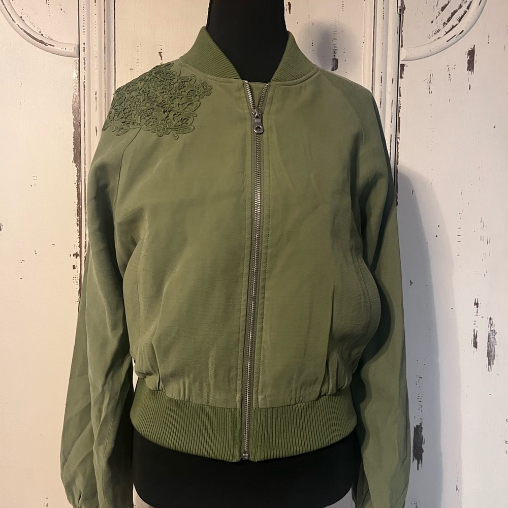 Jessica Simpson Green Bomber Jacket with Ribbed Collar